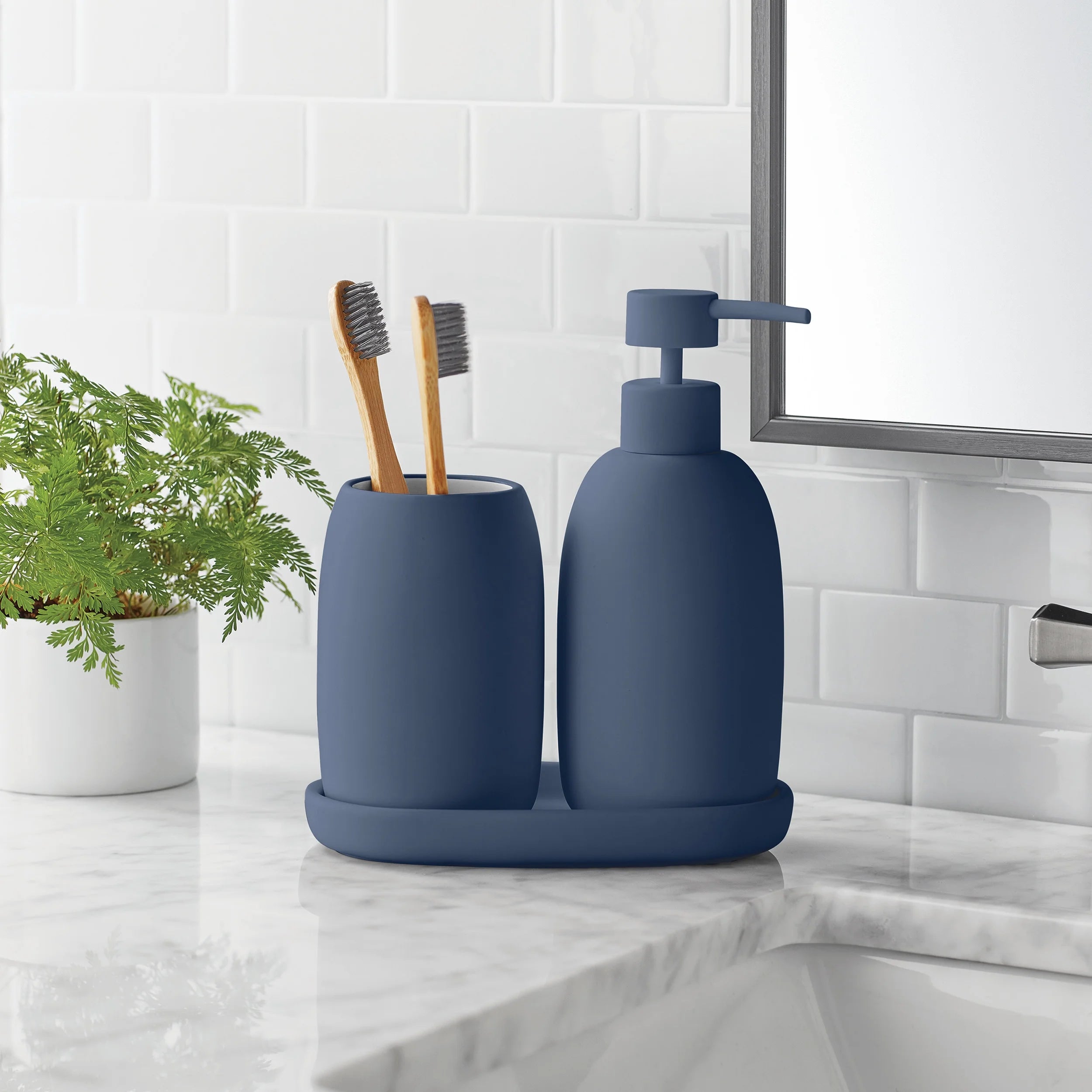 Mainstays Ceramic Stoneware Bath Accessories 3-Piece Set, Grey – Soap Pump Dispenser, Tumbler, and Accessory Tray