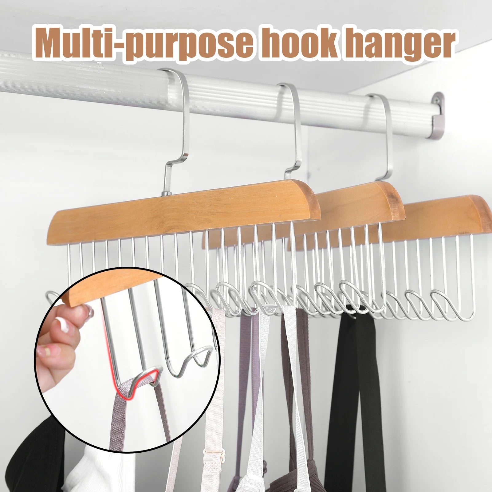 Topekada 3 Pack Belt and Bra Hangers with Hooks,Space Saving Bra Hangers for Closet and Laundry,360 Degree Rotating Wooden Tie Hanger with 8 Hooks for Tank Top,Jeans,Scarf(Nature)