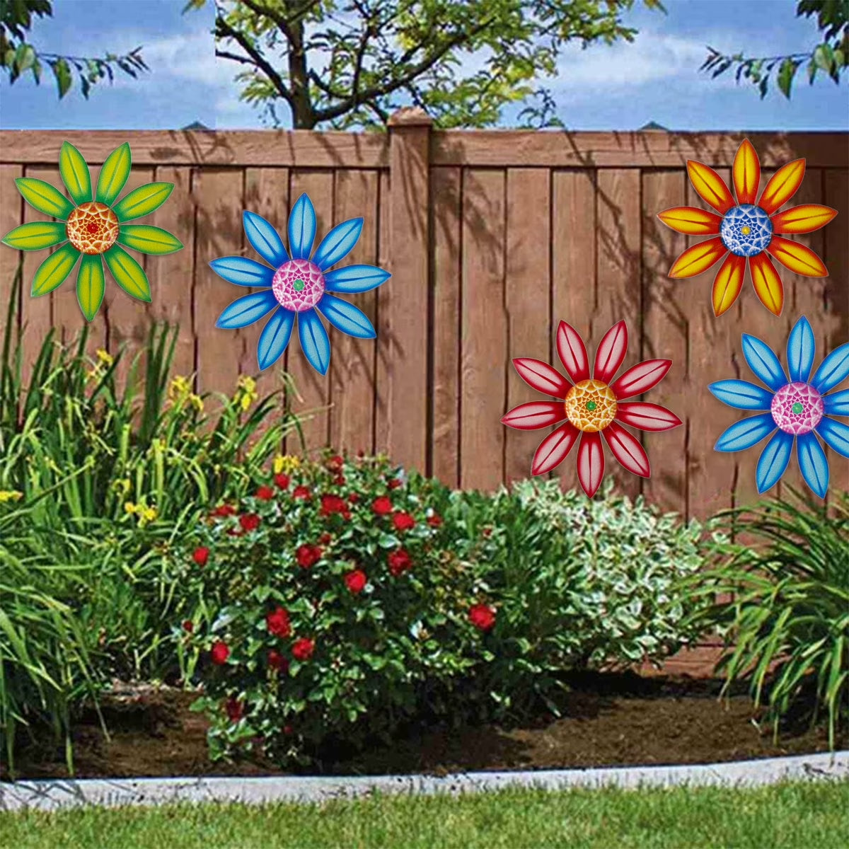 Lzvxtym Metal Flower Wall Decor, 4 PCS Metal Outdoor Wall Art Decor, Metal Fence Art Wall Sculptures for Indoor outside Garden Patio Wall Decorations
