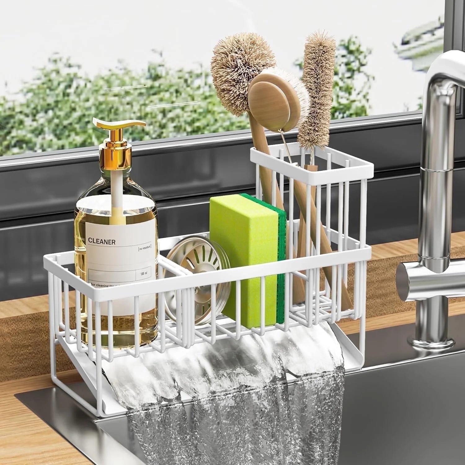 Cisily Kitchen Item Sink Caddy Kitchen Organizer, Sponge Holder for Kitchen Sink, Drain on an Incline Kitchen Sink Organizer,Rust-Resistant Metal Black Sink Caddy,Sink Caddy with Brush Holder