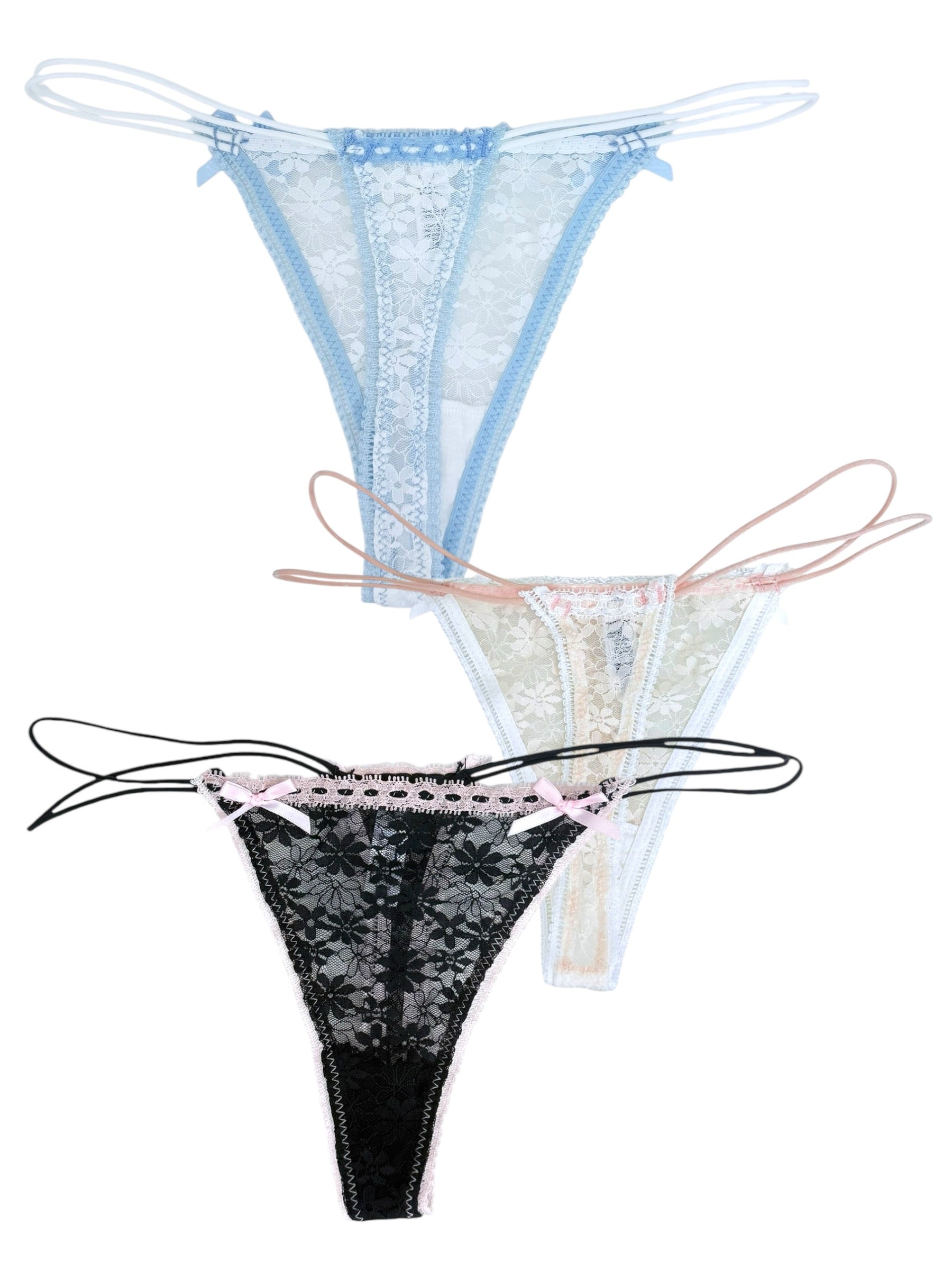 Coquette Lace G-String Trio with Satin Bows - Romantic Floral Design Lingerie Set 