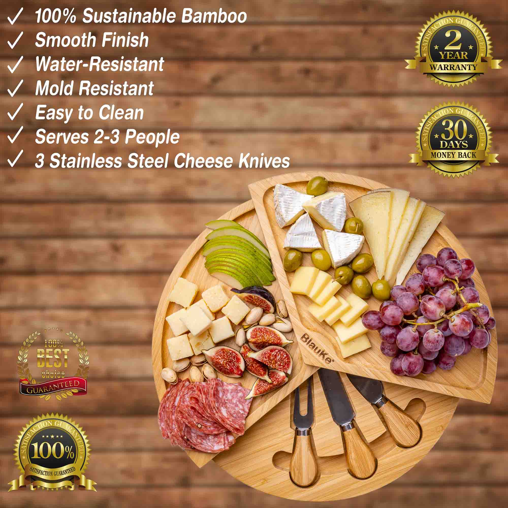 Premium Bamboo Charcuterie Board Set with Swivel & Slide-Out Drawer - Ultimate Cheese & Snack Serving Platter for Parties & Gifts