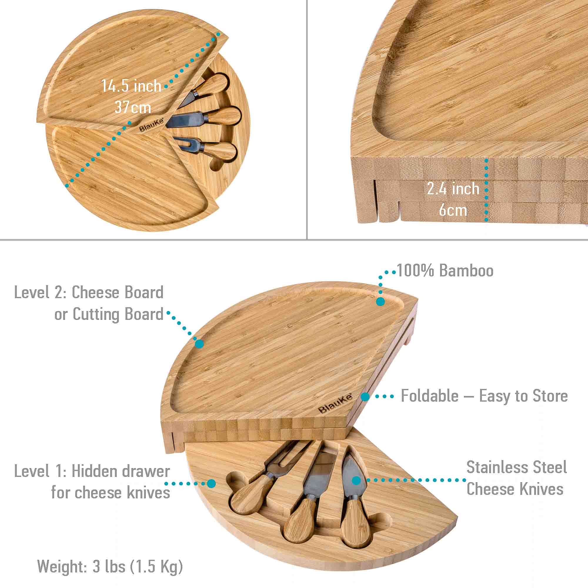 Premium Bamboo Charcuterie Board Set with Swivel & Slide-Out Drawer - Ultimate Cheese & Snack Serving Platter for Parties & Gifts