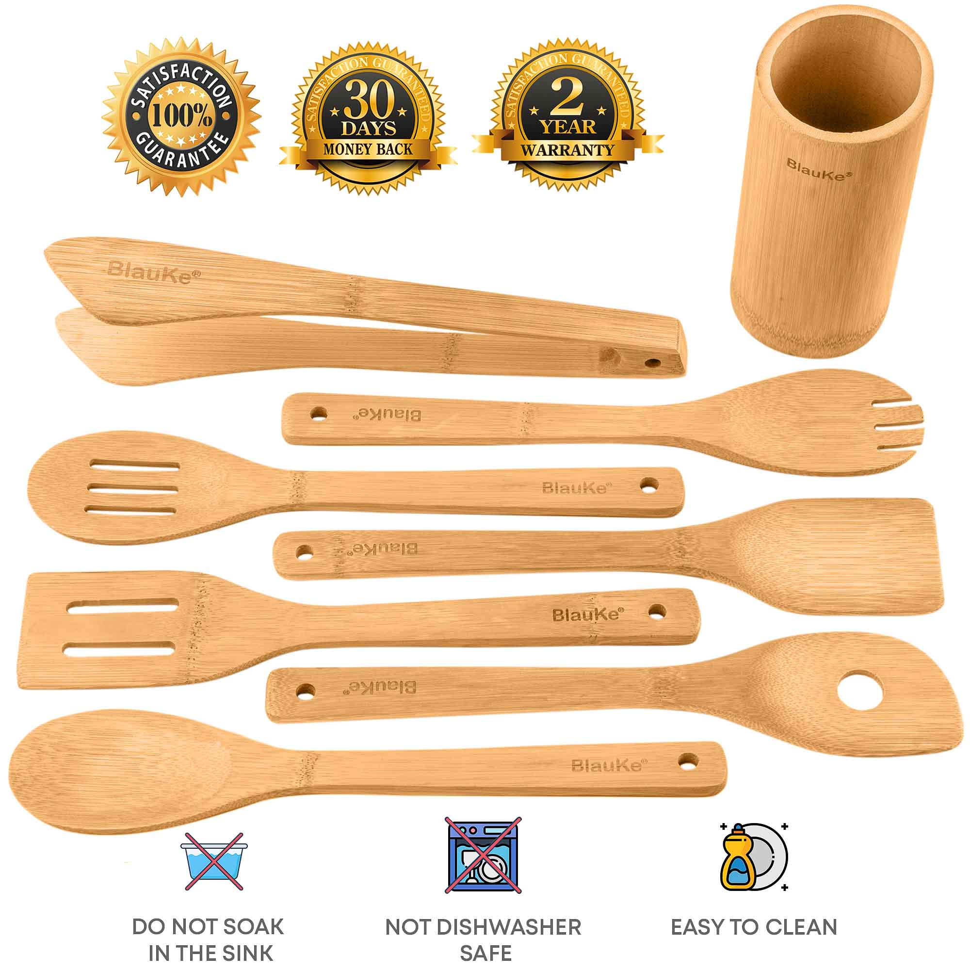 Organic Bamboo Kitchen Utensils Set – 8-Piece Eco-Friendly Cooking Set for Nonstick Cookware with Holder – Perfect for Sustainable Home Chefs