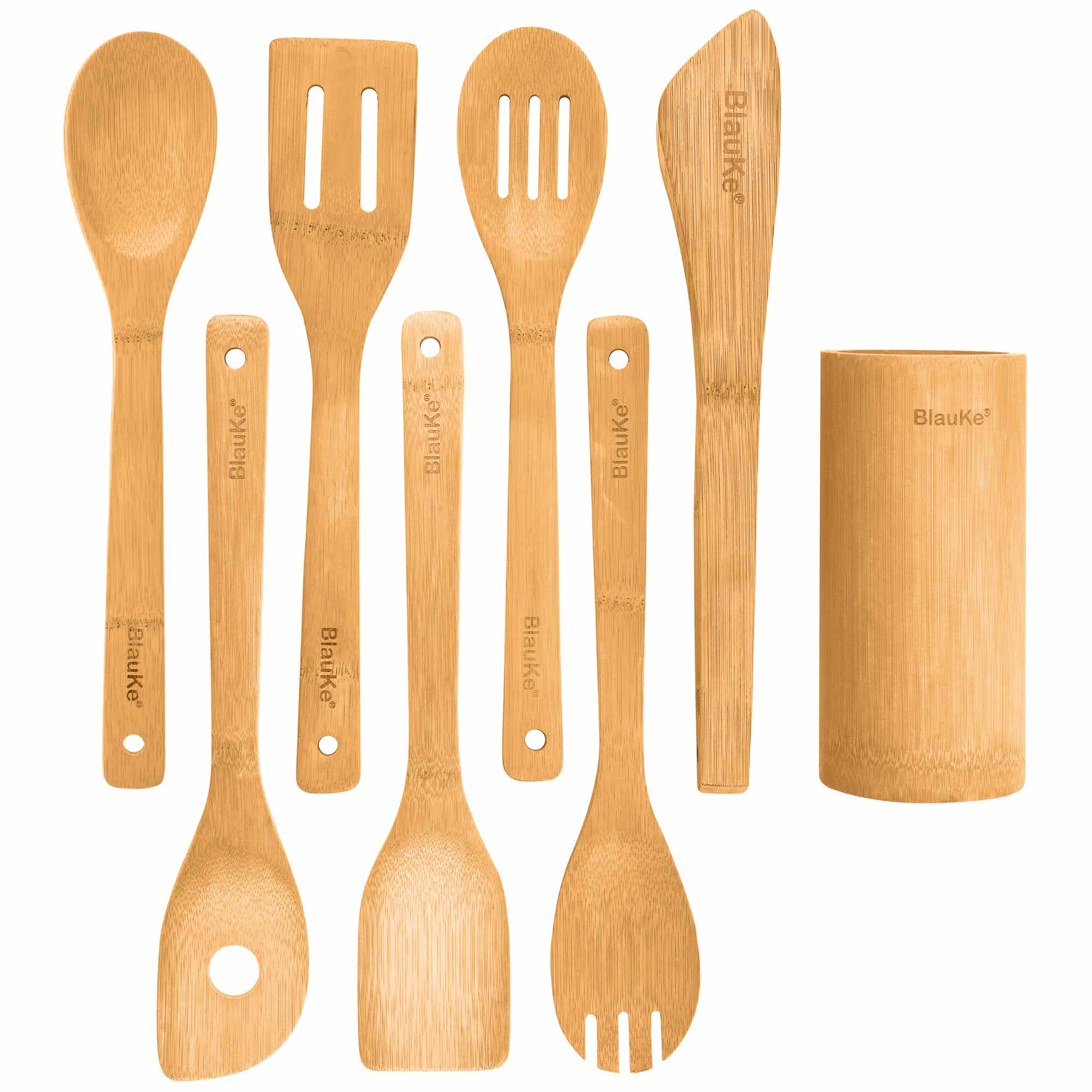 Organic Bamboo Kitchen Utensils Set – 8-Piece Eco-Friendly Cooking Set for Nonstick Cookware with Holder – Perfect for Sustainable Home Chefs