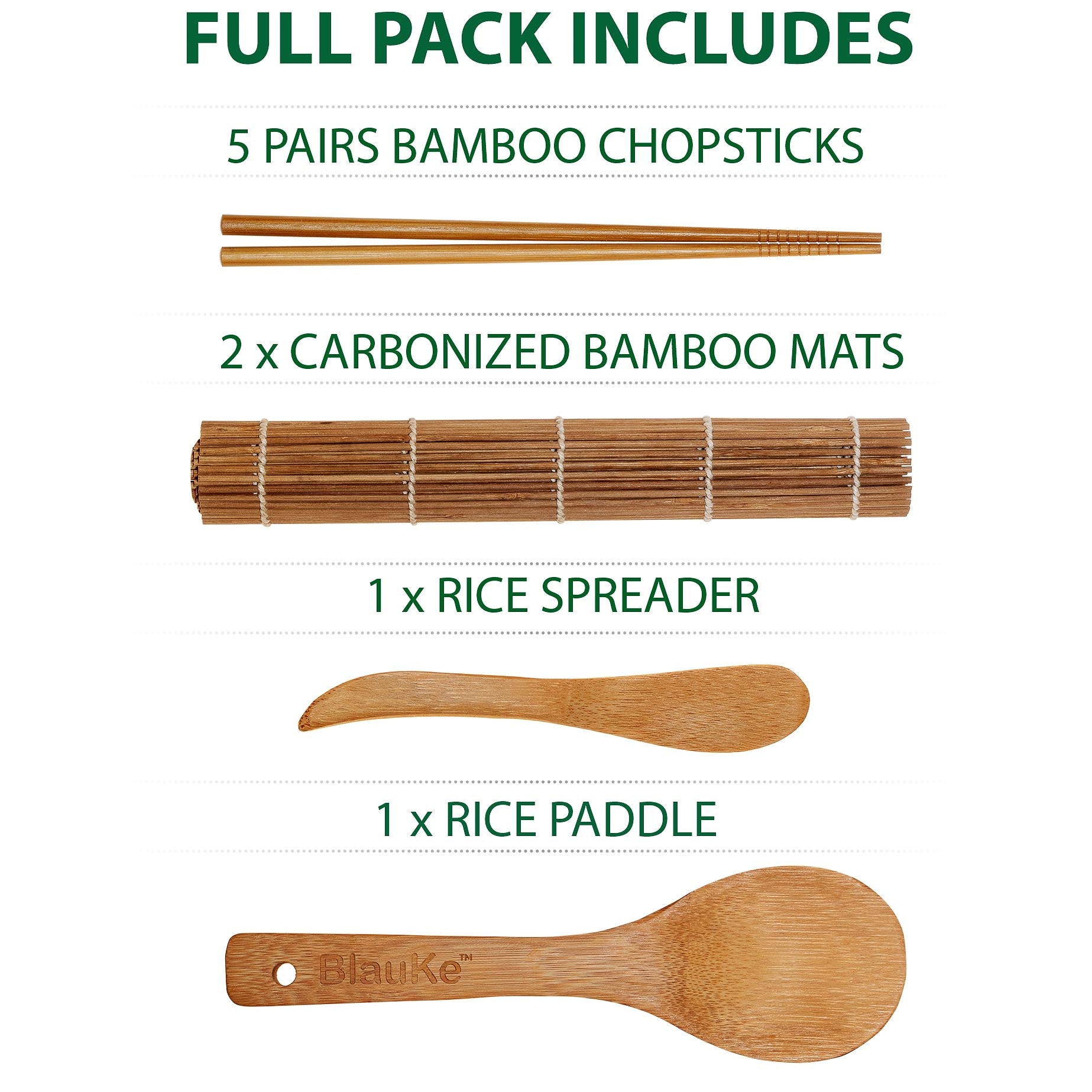 Complete Bamboo Sushi Making Kit for Beginners & Pros - Includes 2 Carbonized Sushi Mats, 5 Reusable Bamboo Chopsticks, Rice Paddle & Spreader - Eco-Friendly and Plastic-Free Sushi Set