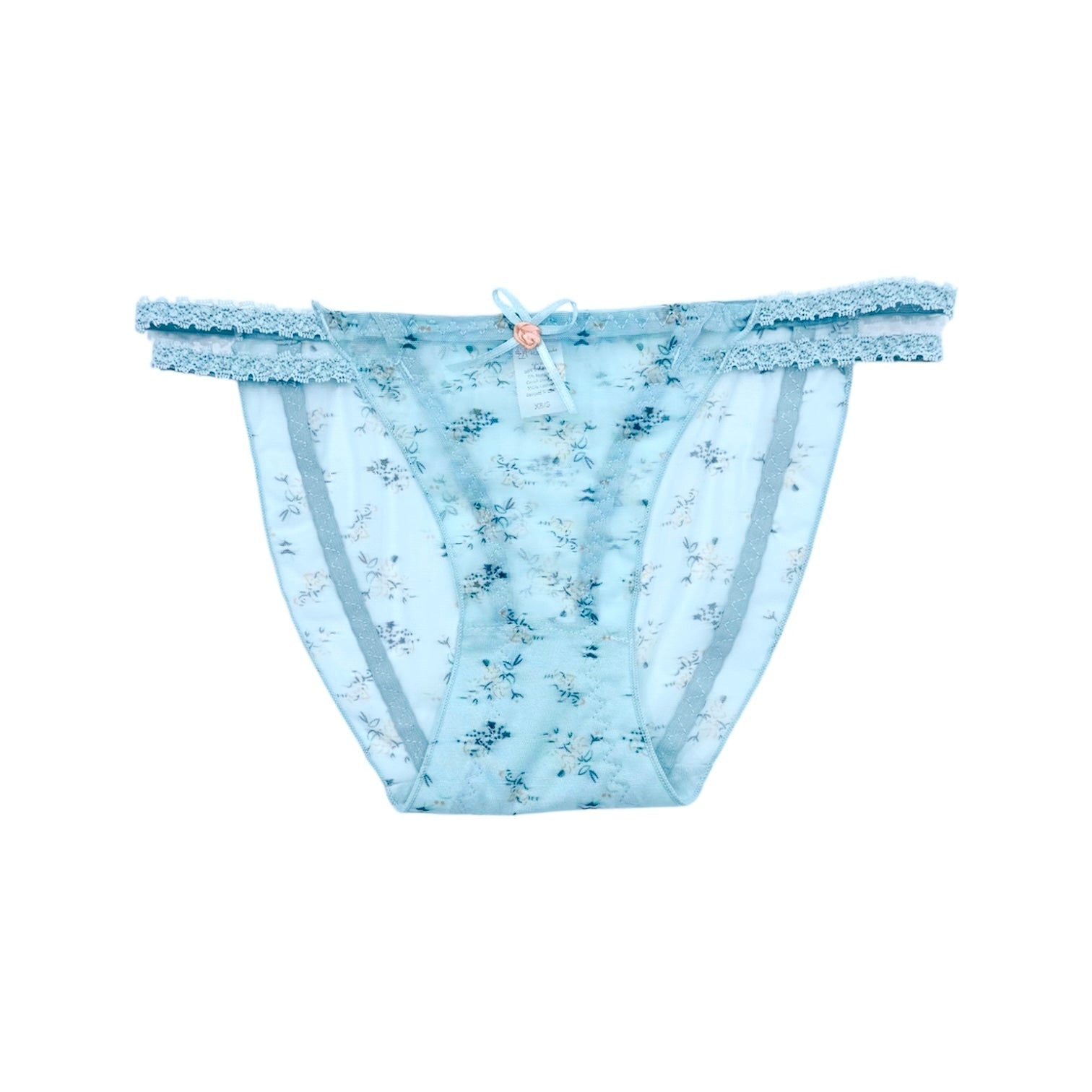Romantic Blue Floral Lace Panties with Satin Bow and Rose Charm 