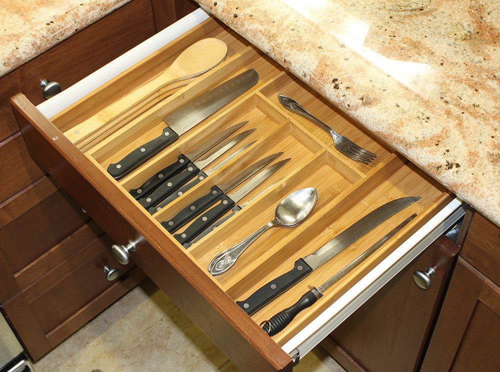 Bamboo Expandable Kitchen Drawer Organizer Set with Utensils – Eco-Friendly 5-Piece Storage Solution 