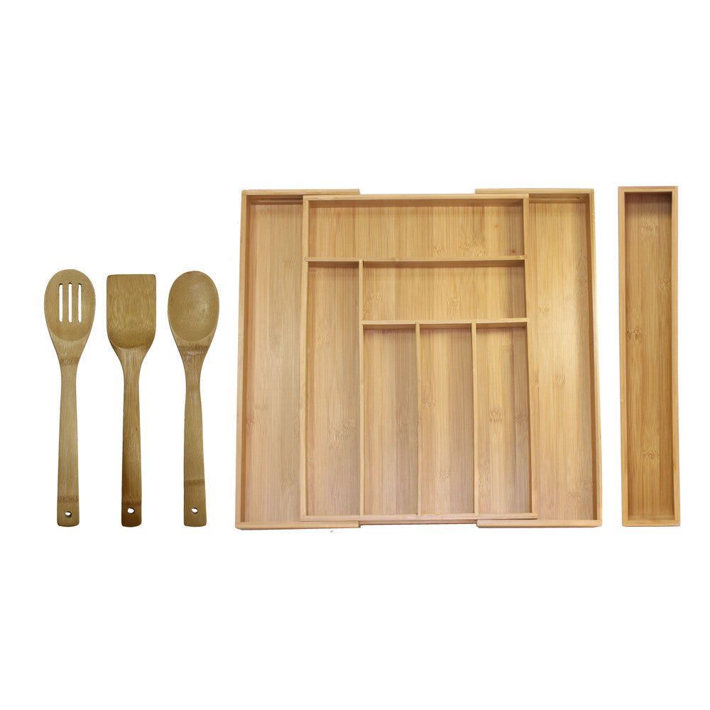 Bamboo Expandable Kitchen Drawer Organizer Set with Utensils – Eco-Friendly 5-Piece Storage Solution