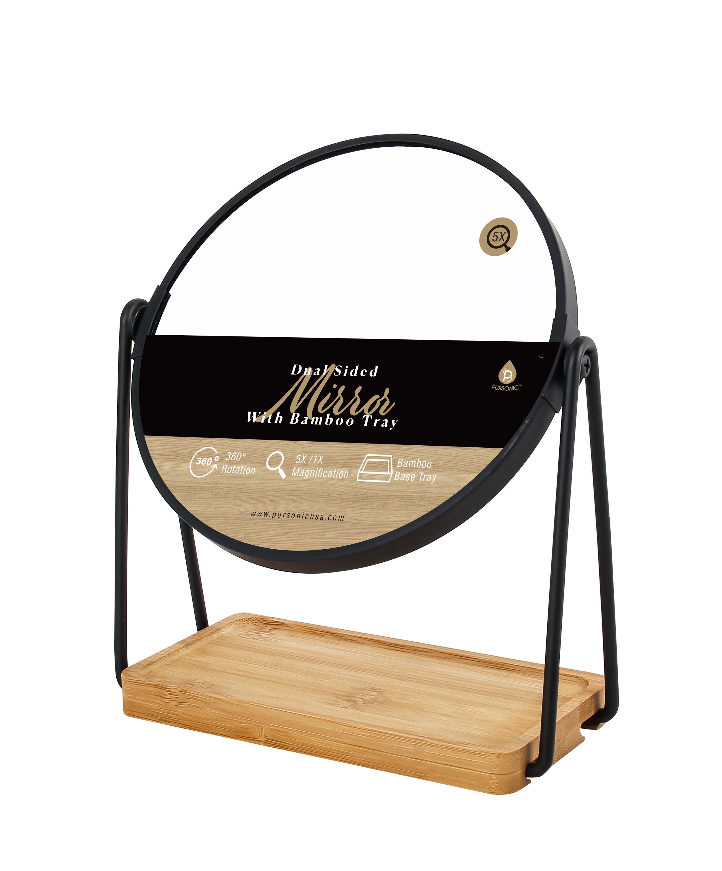 Dual Side Mirror with Bamboo Tray – 1x/5x Magnification, Adjustable Swivel & Eco-Friendly Storage