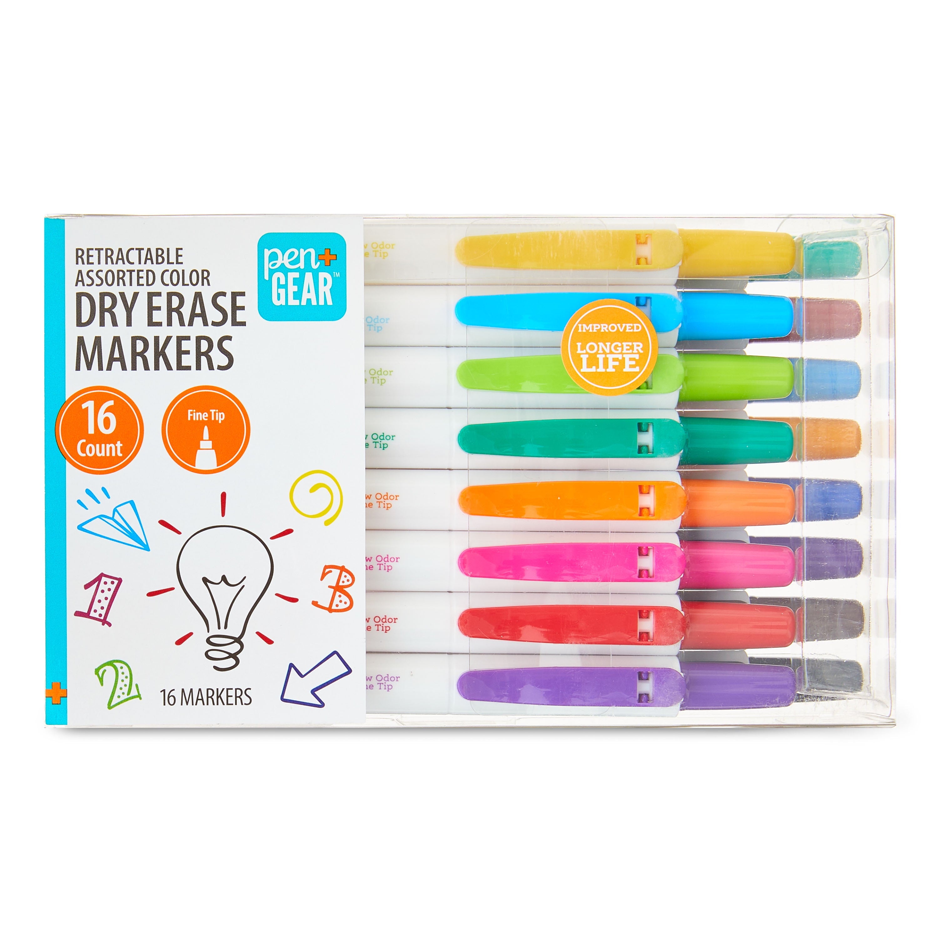 Pen+Gear Low-Odor Retractable Dry Erase Markers, Fine Point, Muti Colors, 16 Count