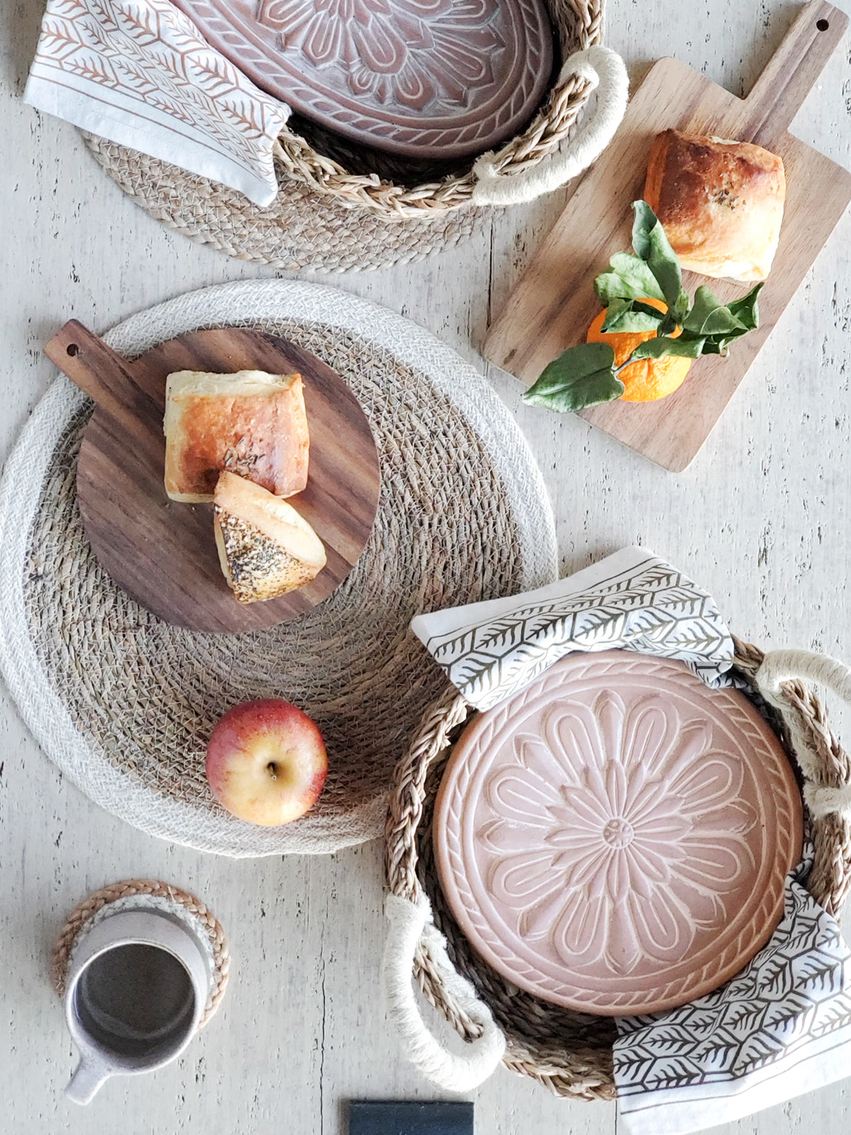 Vintage Floral Terracotta Bread Warmer & Handwoven Seagrass Basket Set