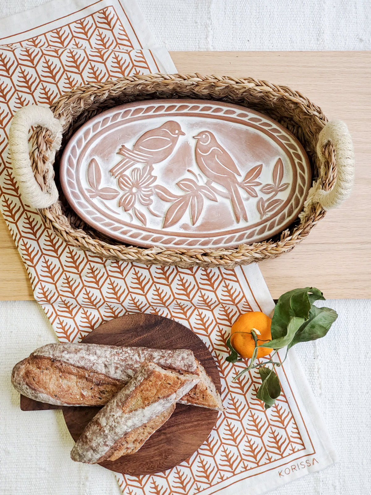 Terracotta Lovebirds Bread Warmer & Seagrass Basket Set