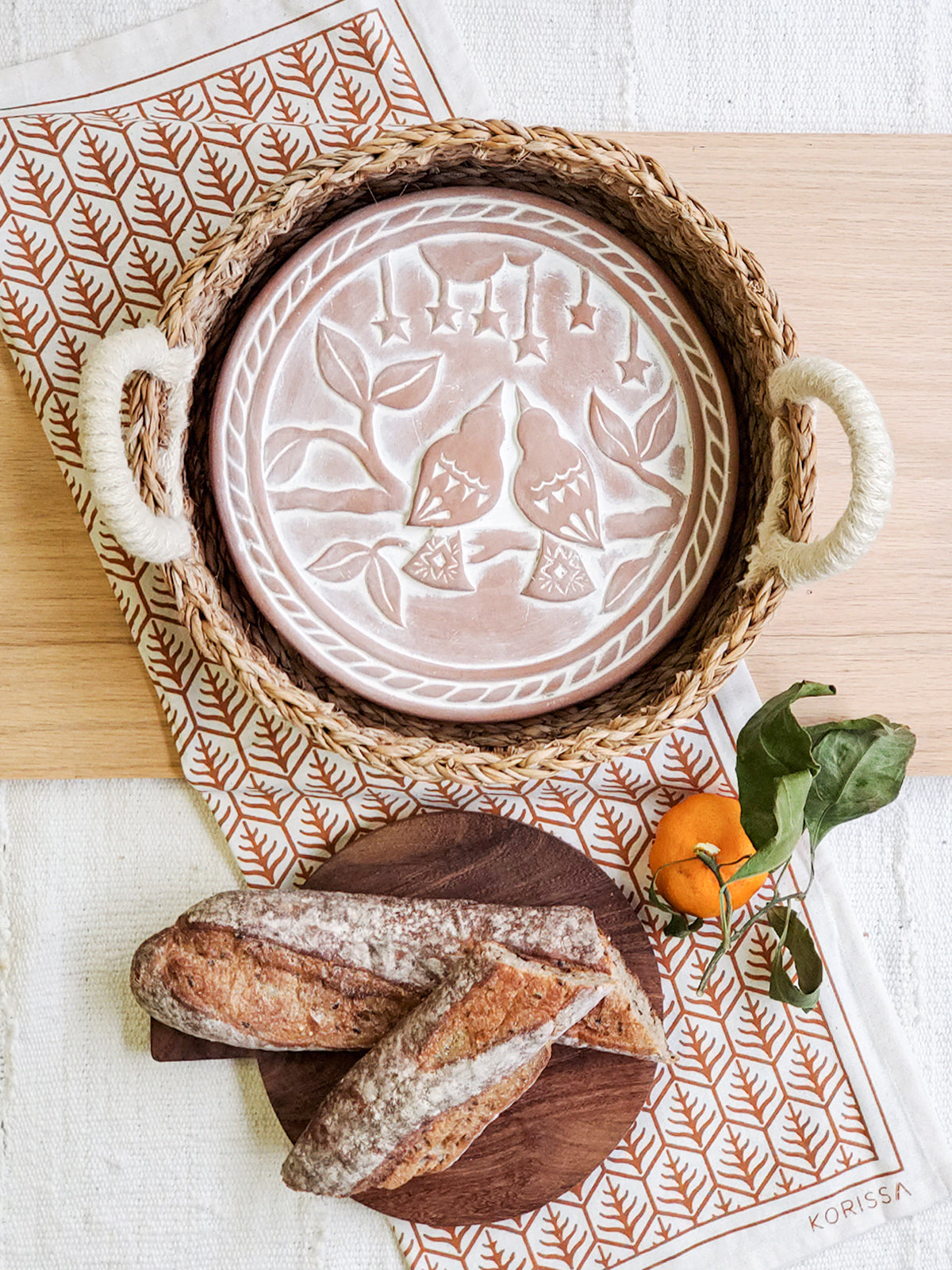 Rustic Lovebirds Terracotta Bread Warmer & Handwoven Seagrass Basket Set