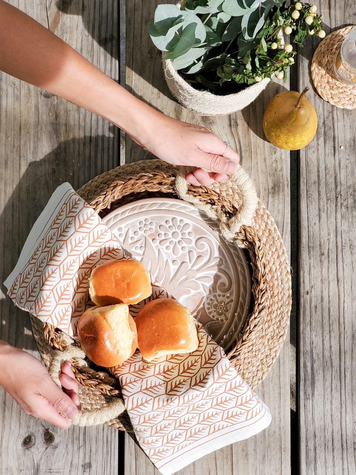Artisan Terracotta Bread Warmer Gift Set with Handwoven Basket & Screen Printed Tea Towel