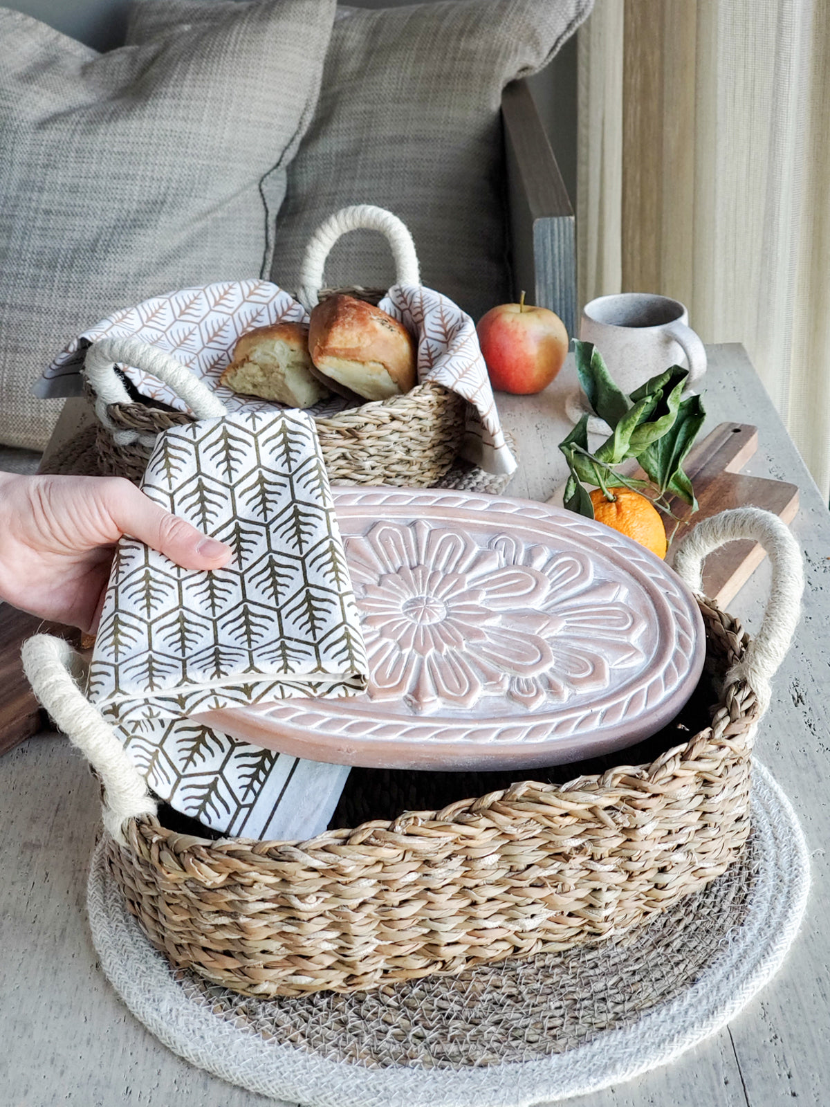 Rustic Flower Design Bread Warmer & Handwoven Seagrass Basket Set