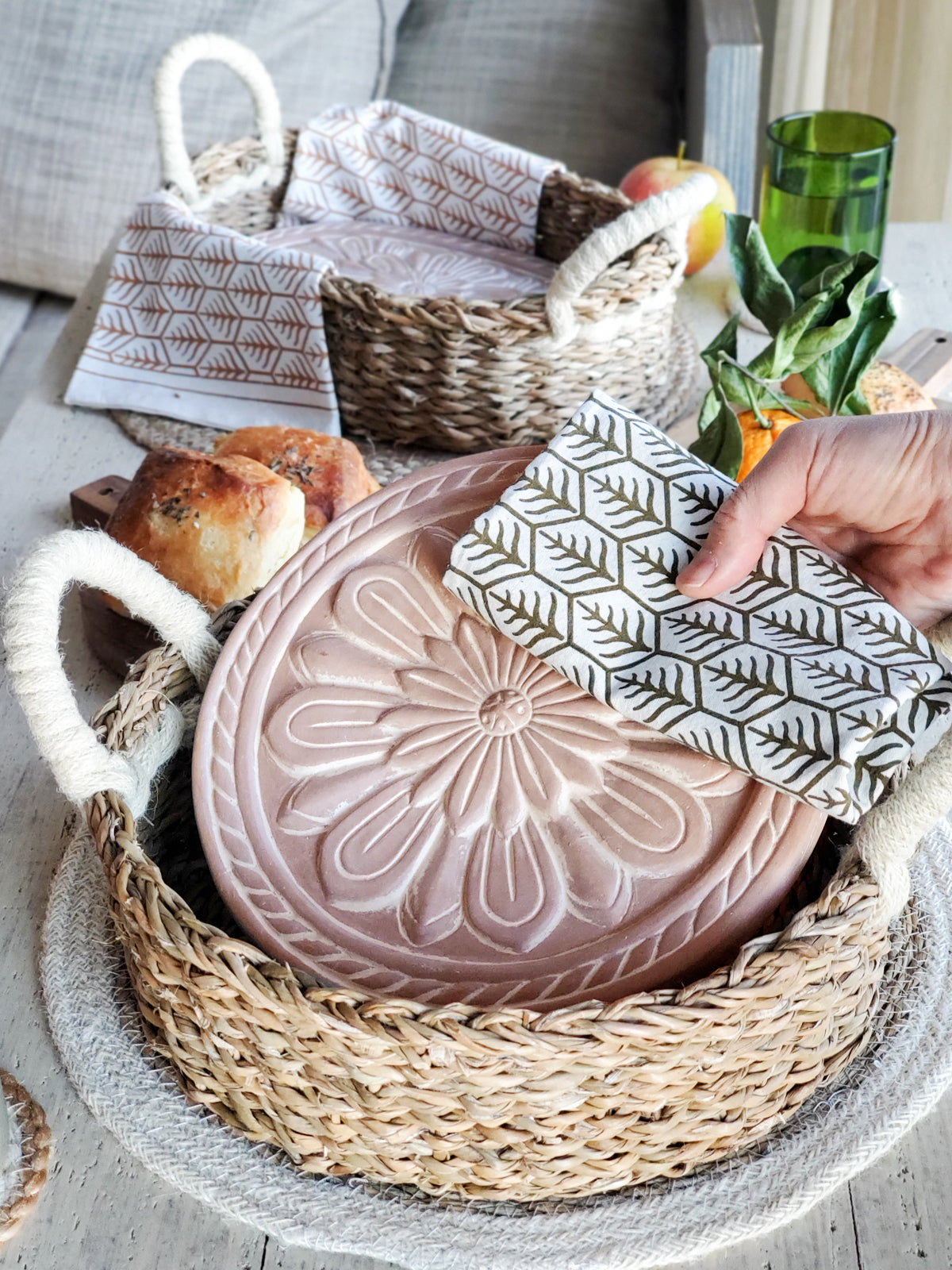 Vintage Floral Terracotta Bread Warmer & Handwoven Seagrass Basket Set
