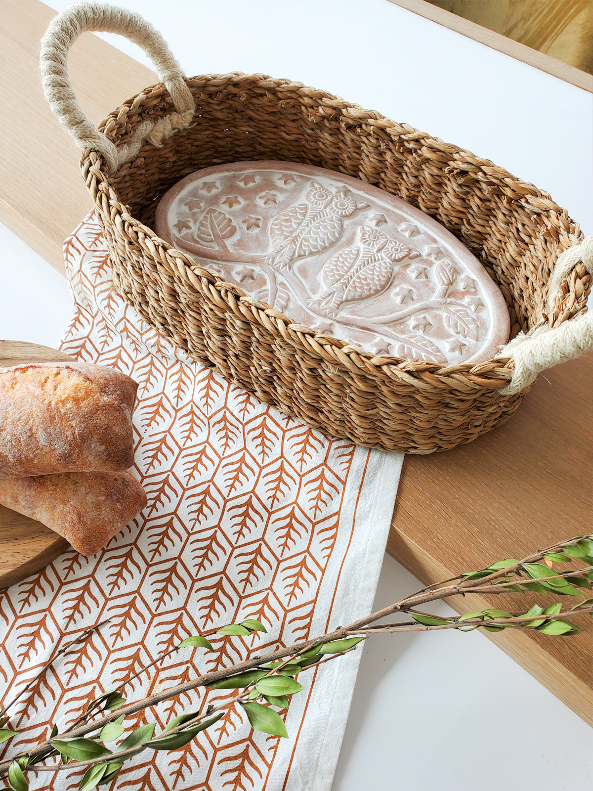 Artisan Owl Terracotta Bread Warmer & Seagrass Basket Set with Cotton Tea Towel - Handcrafted Kitchen Gift