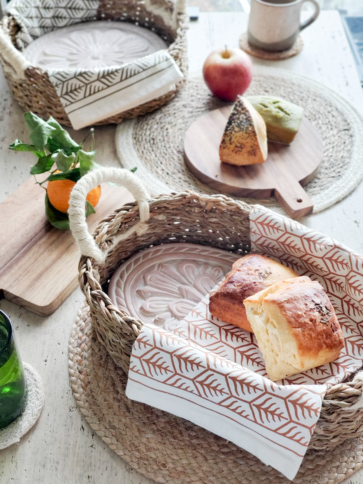Rustic Flower Design Bread Warmer & Handwoven Seagrass Basket Set