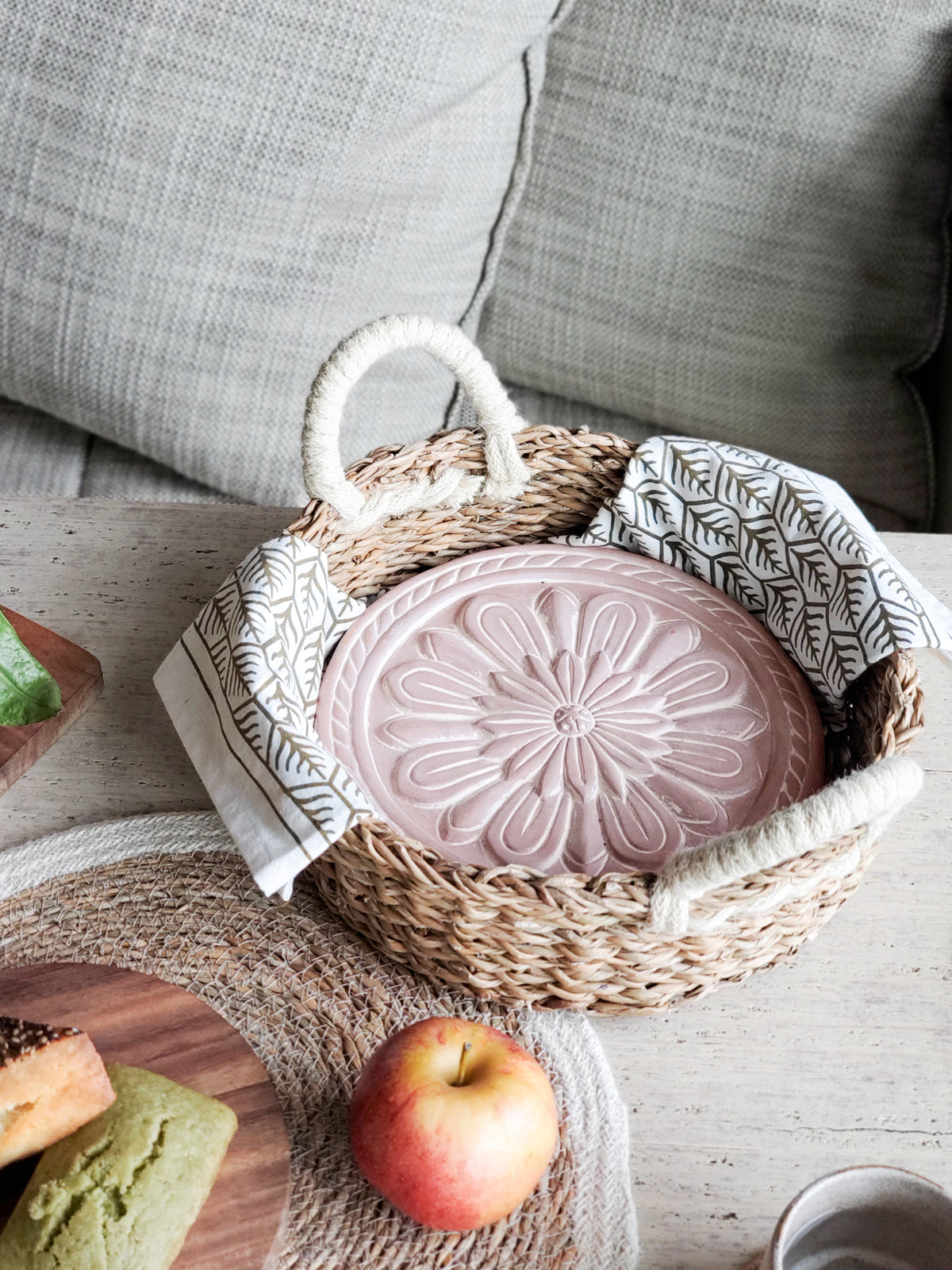 Vintage Floral Terracotta Bread Warmer & Handwoven Seagrass Basket Set