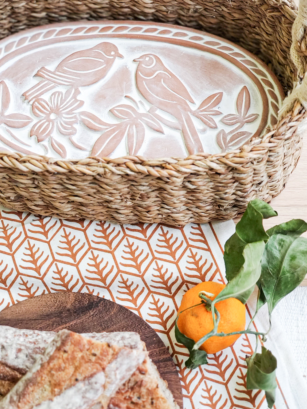 Terracotta Lovebirds Bread Warmer & Seagrass Basket Set