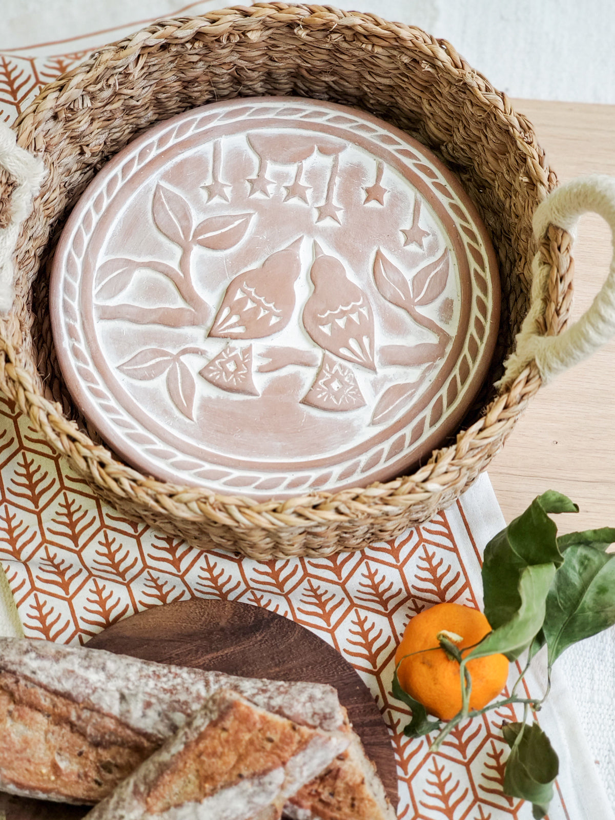 Rustic Lovebirds Terracotta Bread Warmer & Handwoven Seagrass Basket Set