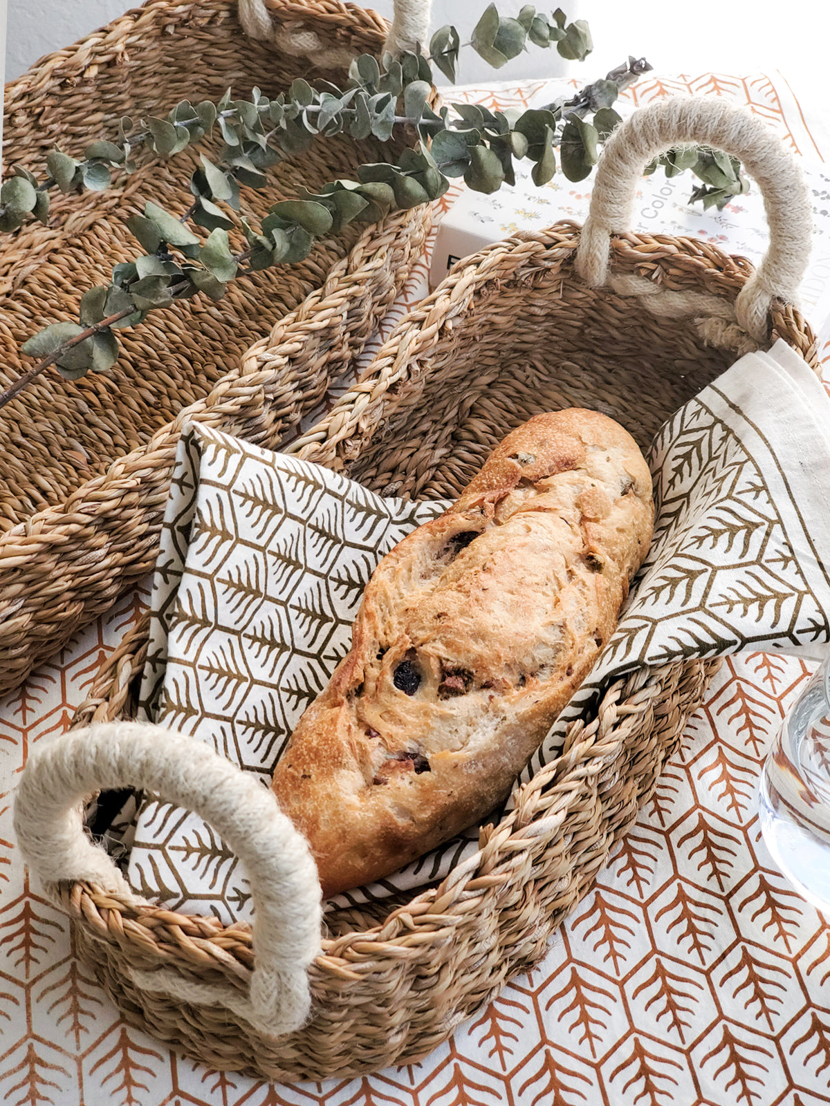 Handwoven Seagrass Bread & Utility Basket with White Jute Handle - Artisan Crafted in Bangladesh