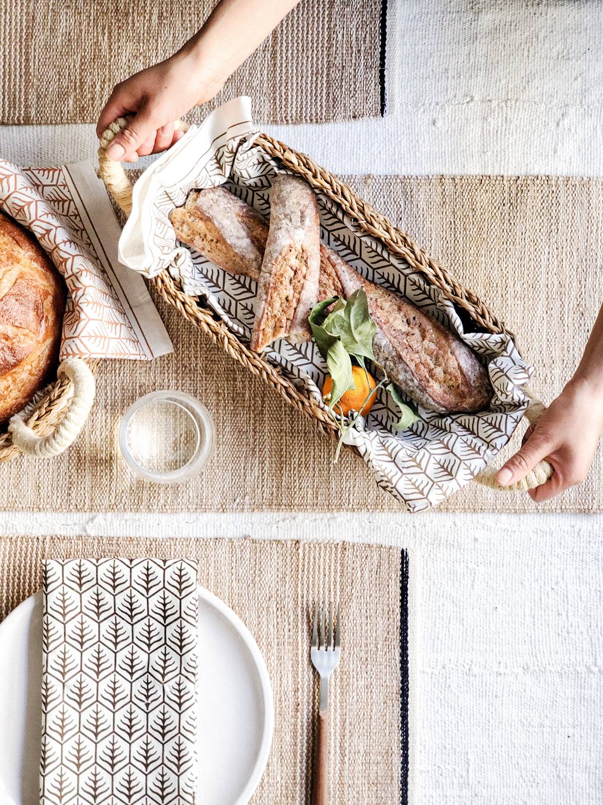 Handwoven Seagrass Bread & Utility Basket with White Jute Handle - Artisan Crafted in Bangladesh