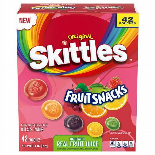 Skittles Original Fruit Snacks - 42 Count Box with Real Fruit Juice, Low Calorie, Assorted Flavors in Bulk