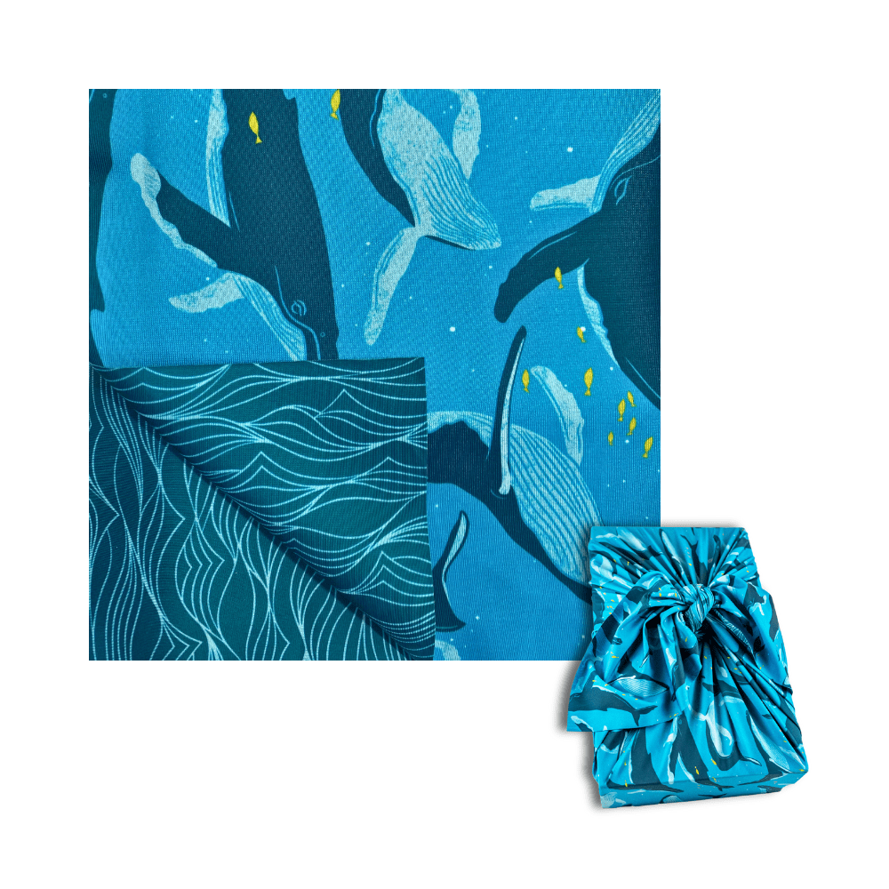 Eco-Friendly Reusable Ocean Furoshiki Gift Wrap – Whales & Waves Design, Supports Marine Conservation
