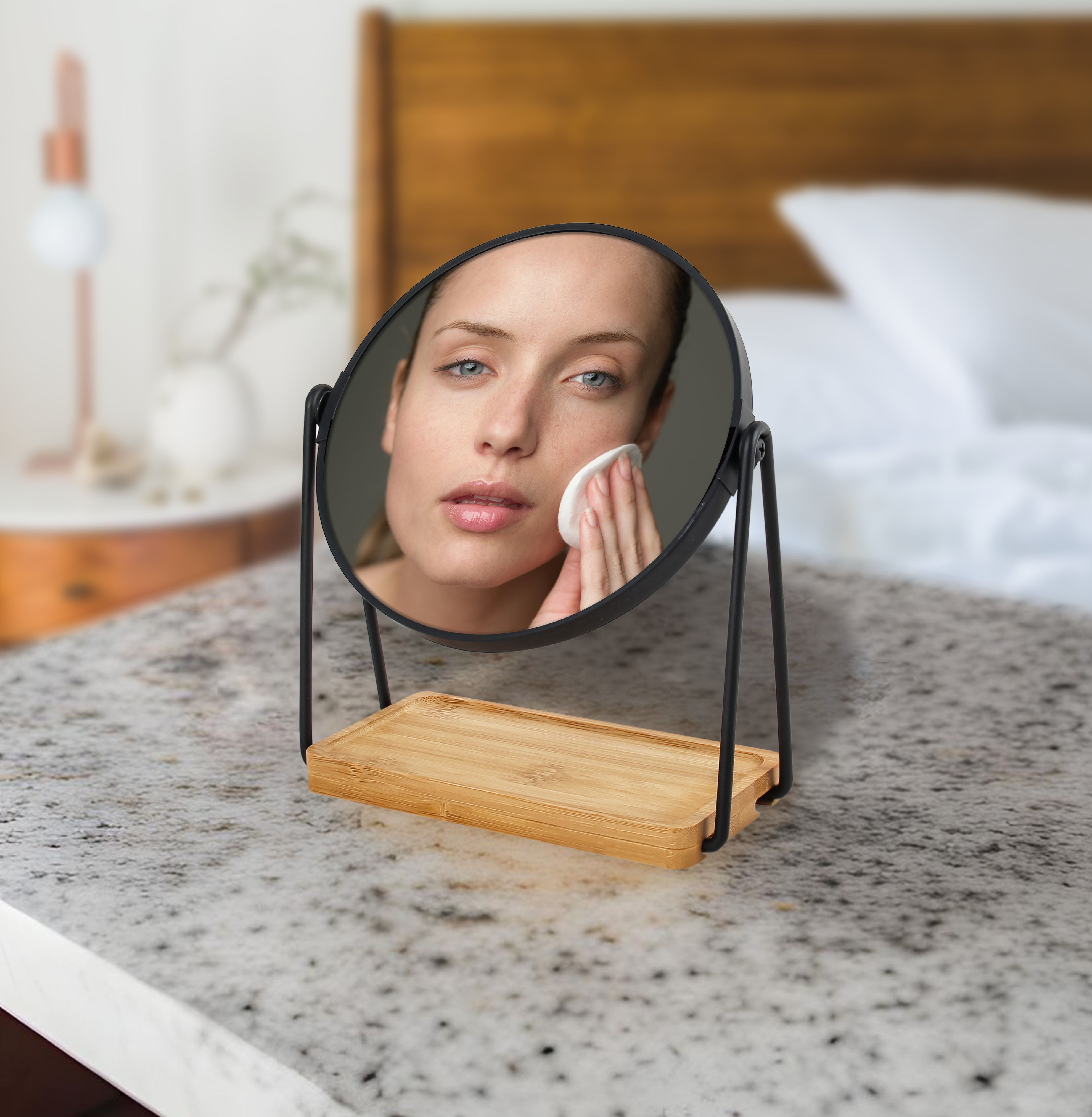 Dual Side Mirror with Bamboo Tray – 1x/5x Magnification, Adjustable Swivel & Eco-Friendly Storage