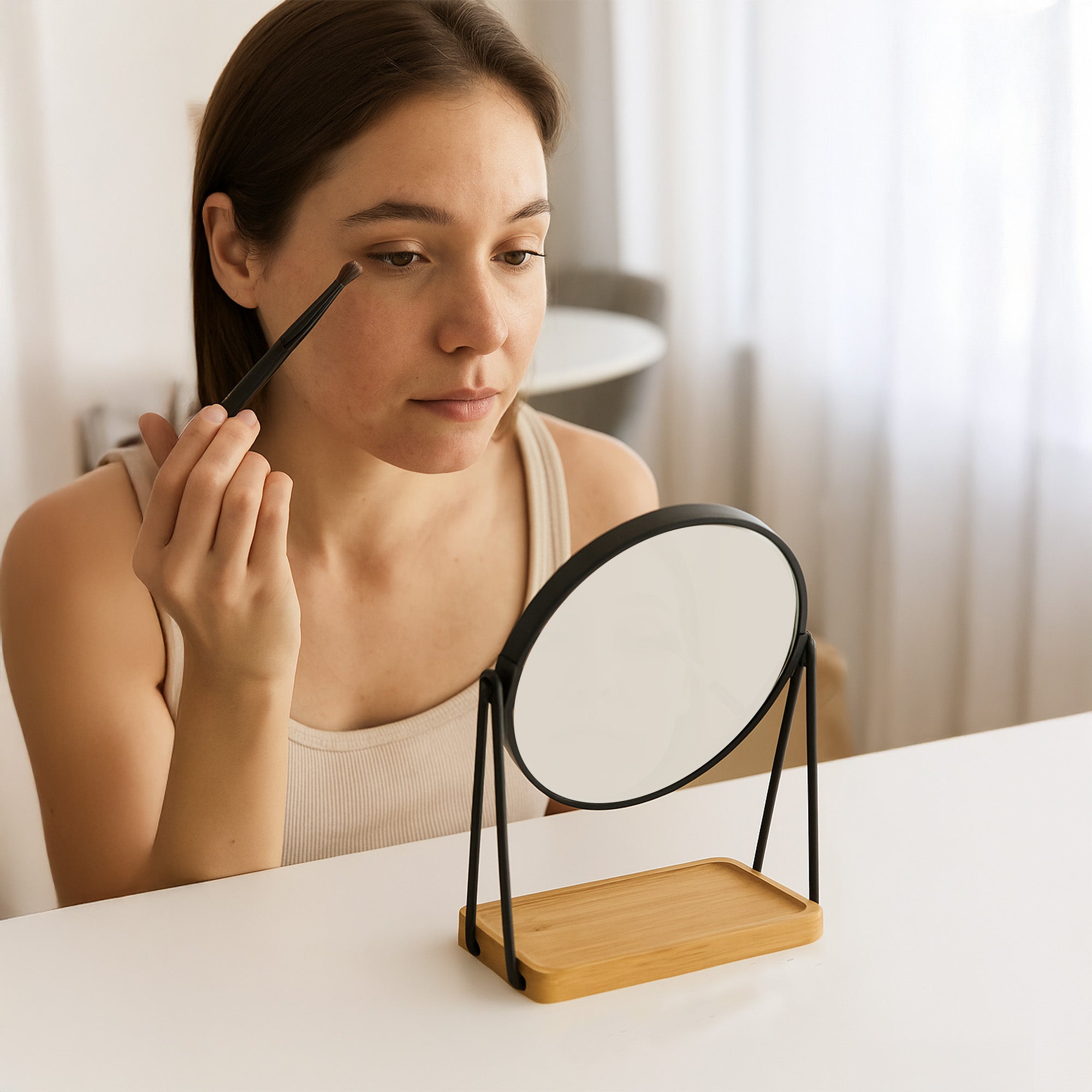 Dual Side Mirror with Bamboo Tray – 1x/5x Magnification, Adjustable Swivel & Eco-Friendly Storage