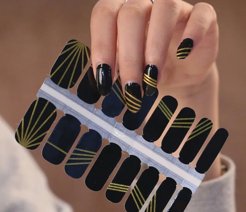 Black Gold Nail Stickers – Elegant Black and Metallic Gold Striped Nail Wraps (16-Piece Set)