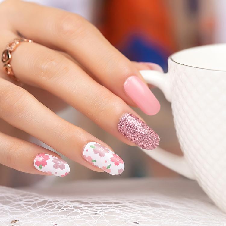 Pink Posy Days Nail Stickers – Floral Pink Nail Wraps, Long-Lasting Non-Toxic Nail Art (16-Piece Set)