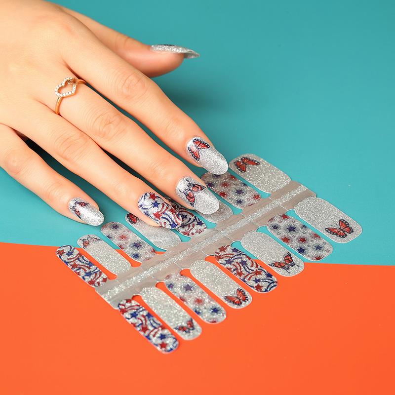 Red White & Butterfly Nail Polish Stickers – Patriotic Butterfly Nail Art, Long-Lasting Non-Toxic (16-Piece Set)