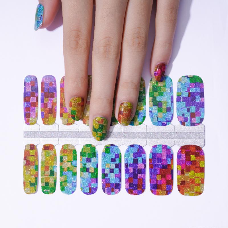 Puzzled Nail Polish Stickers – Colorful Pixel Nail Wraps, Long-Lasting Non-Toxic Manicure (16-Piece Set)