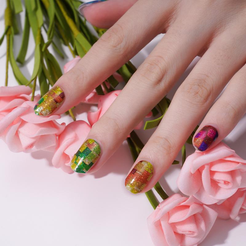 Puzzled Nail Polish Stickers – Colorful Pixel Nail Wraps, Long-Lasting Non-Toxic Manicure (16-Piece Set)