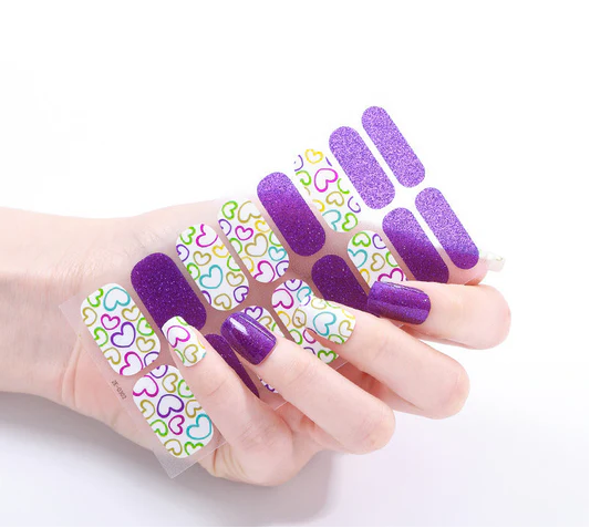 Valentine Purple Gel Nail Stickers – Heart Design Gel Manicure Wraps, Long-Lasting Non-Toxic Nail Art (16-Piece Set)