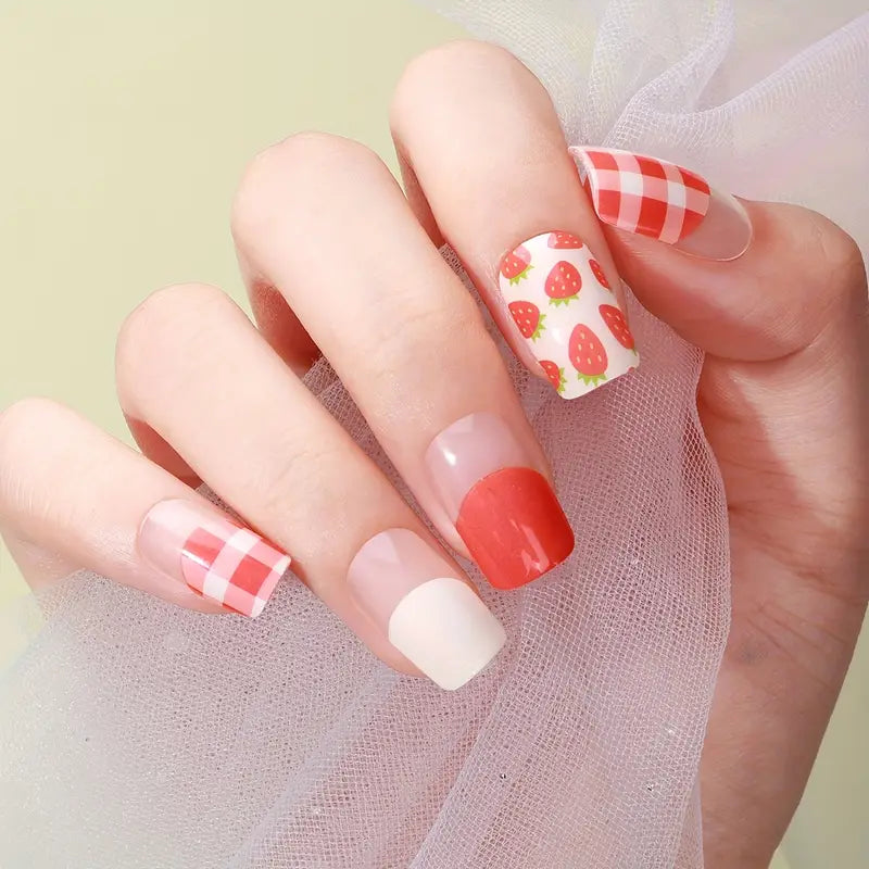 Strawberry Gingham Gel Nail Stickers – Cute Fruit Nail Wraps, Long-Lasting Non-Toxic Gel Manicure (16-Piece Set)
