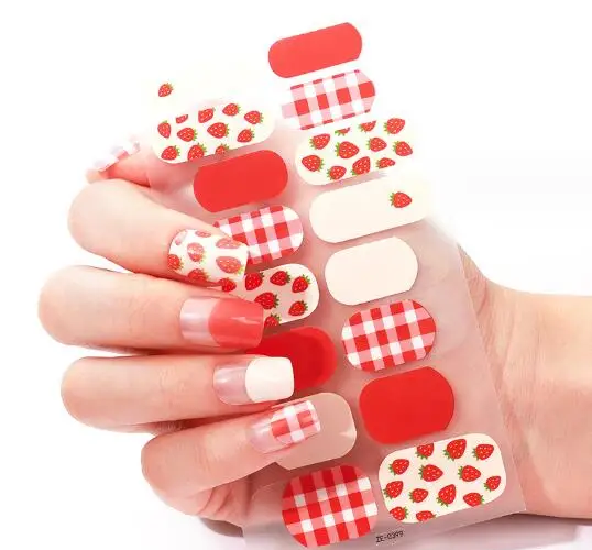 Strawberry Gingham Gel Nail Stickers – Cute Fruit Nail Wraps, Long-Lasting Non-Toxic Gel Manicure (16-Piece Set)