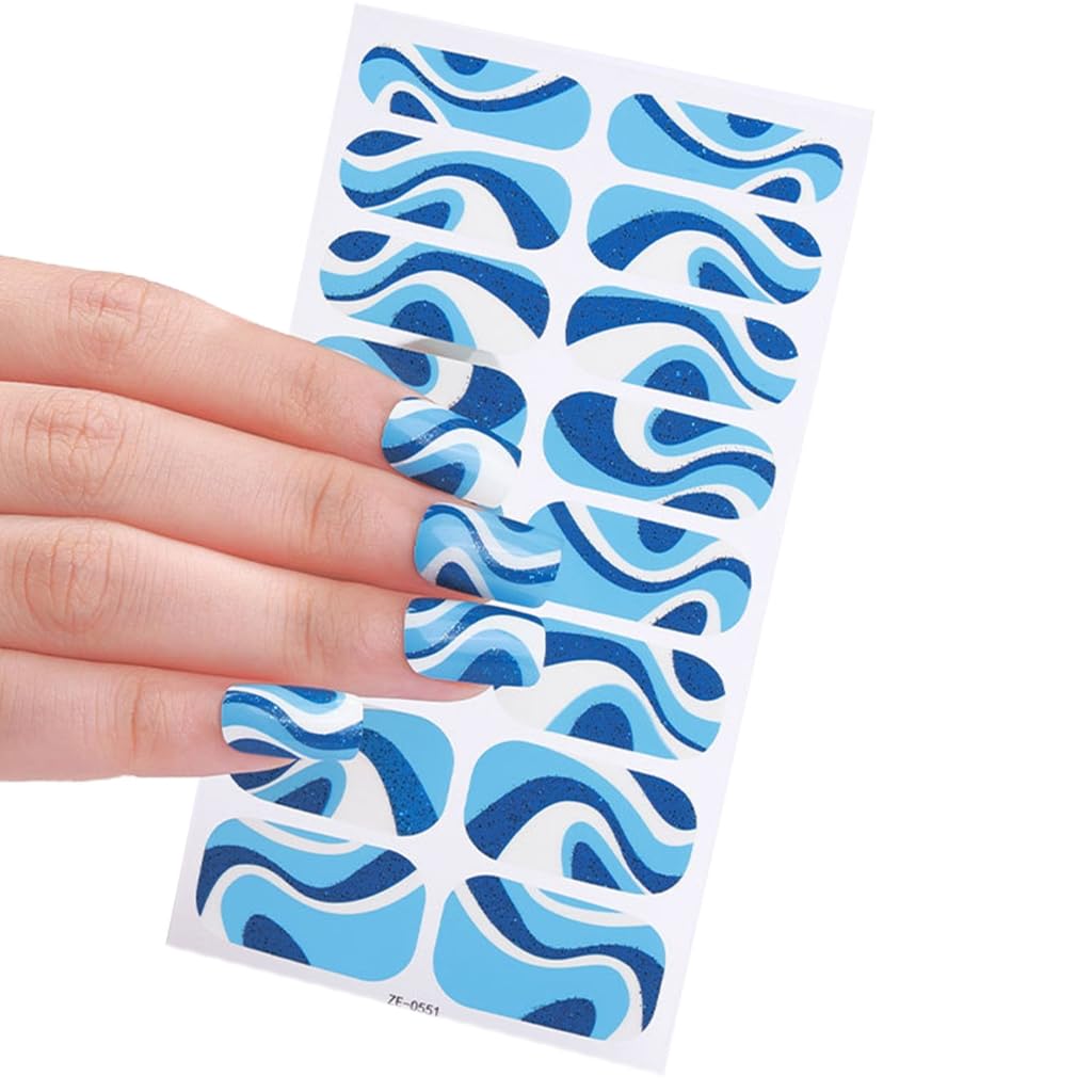Blue Jazz Gel Nail Stickers – Abstract Wave Gel Nail Wraps (16-Piece Set)