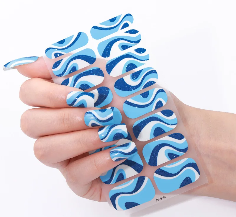 Blue Jazz Gel Nail Stickers – Abstract Wave Gel Nail Wraps (16-Piece Set)