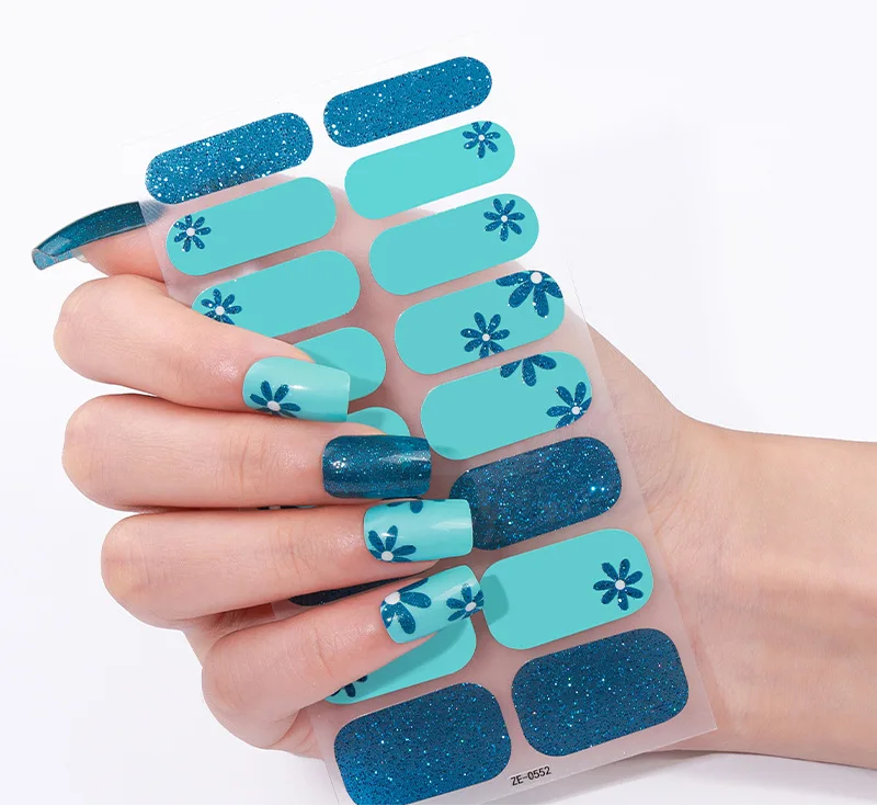 Blue Floral Gel Nail Stickers – Long-Lasting Gel Nail Polish Wraps with Flower Design (16-Piece Set)
