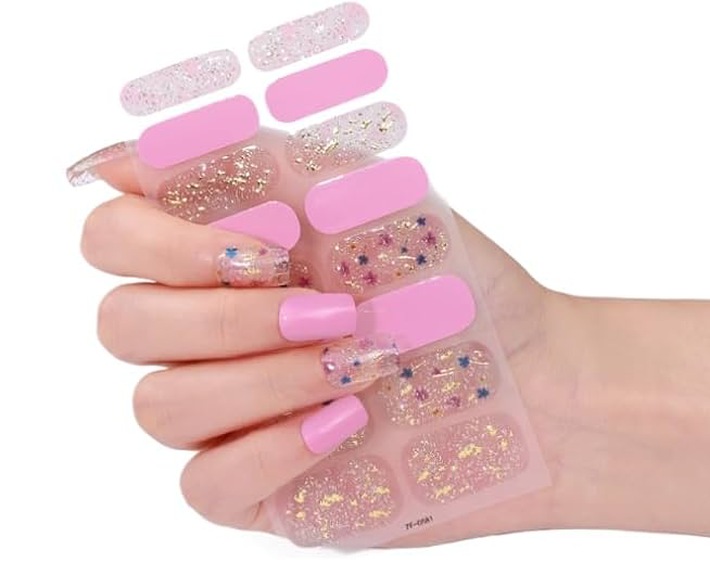 Sparkle Pink Real Gel Nail Stickers - Non-Toxic, Long-Lasting Manicure Set 