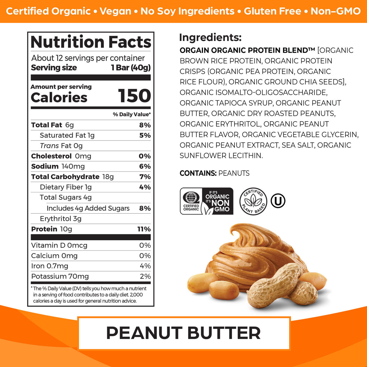 Orgain Organic Protein Snack Bar Peanut Butter (12 x 1.4 oz) | 10g Plant-Based Protein, Gluten-Free, Vegan