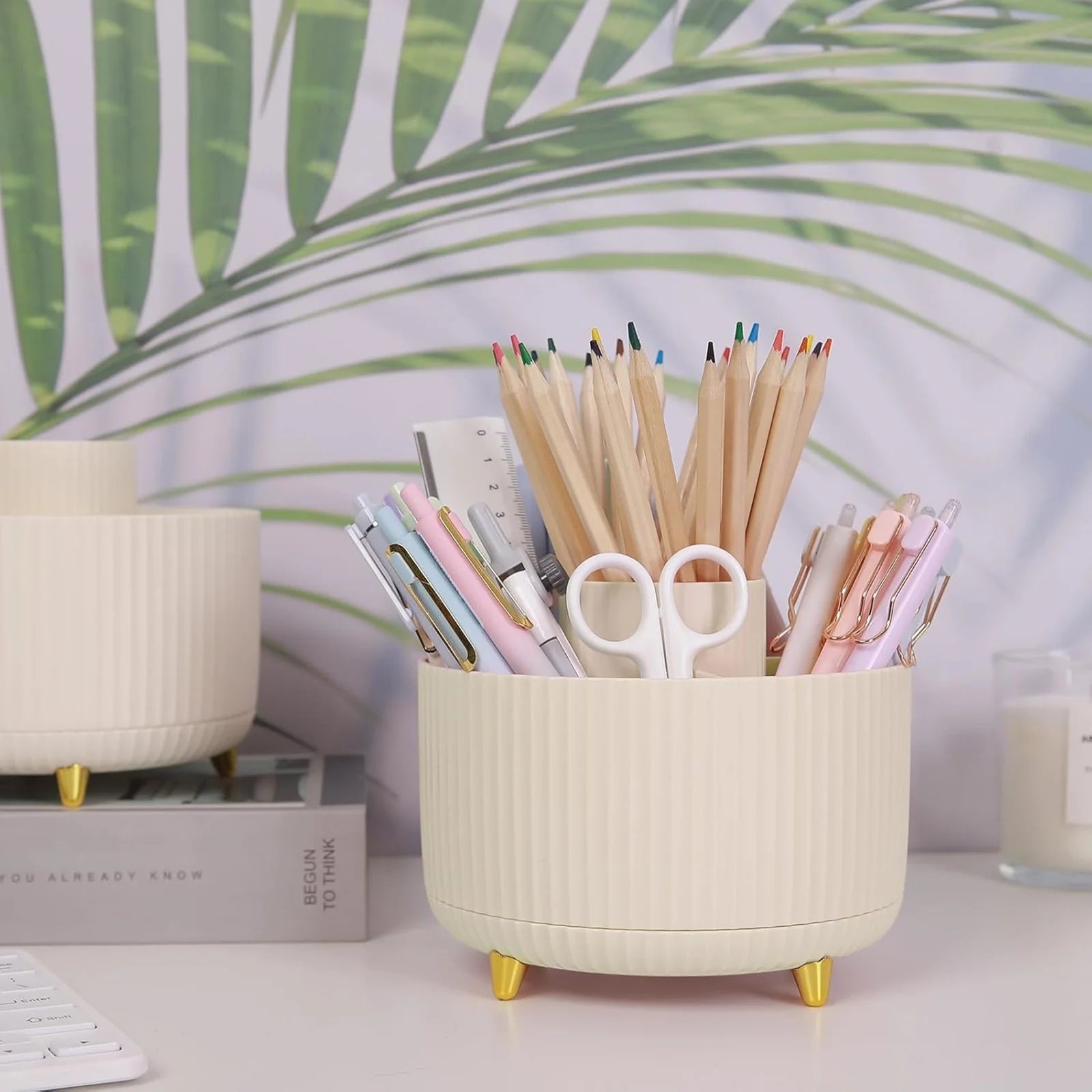 360 Rotating Plastic Desk Pen Organizer with 5 Slots, Dual-Purpose Art Supply Pencil Cup for Office, Home