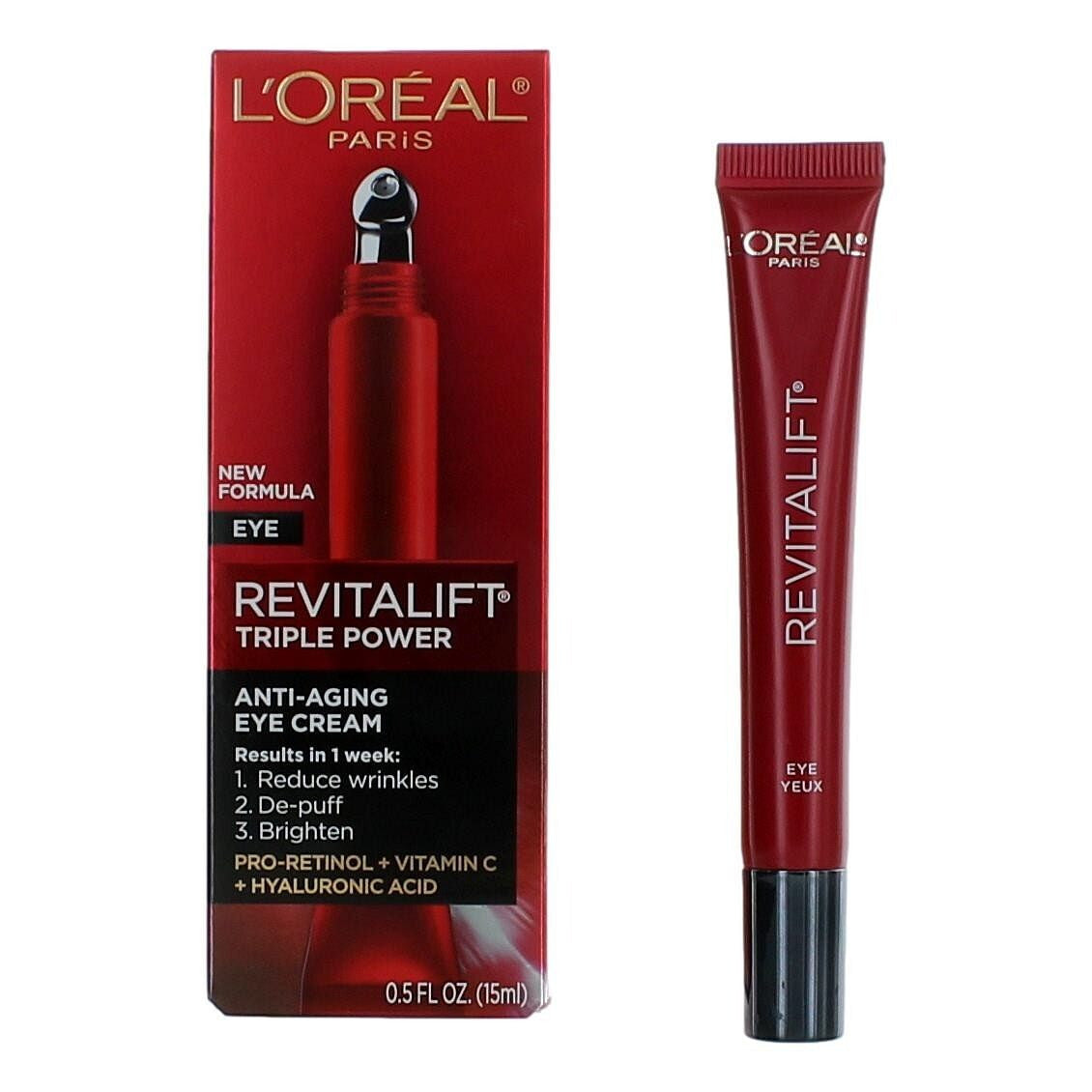 Anti Aging Eye Cream for Wrinkles Dark Circles Puffiness – L’Oreal Revitalift Triple Power with Retinol Vitamin C Hyaluronic Acid 0.5 oz