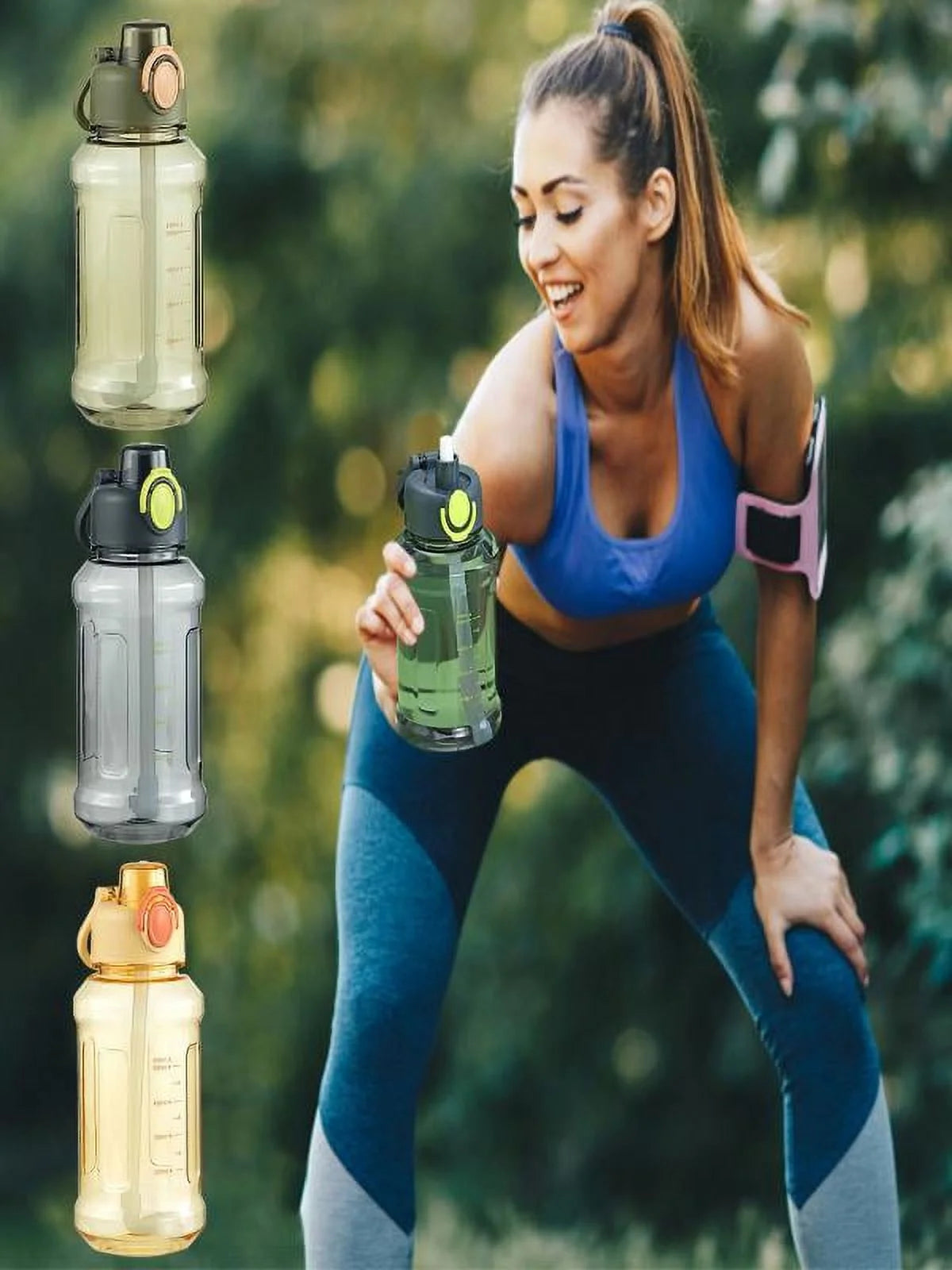 AURIGATE 850Ml Water Bottle with Straw,Half Gallon Wide Mouth Portable Large Plastic Bottle Leak Proof Sports Cup Big Travel Mugs with Scale Strap,Volume 0.23 Gal/28.7Oz