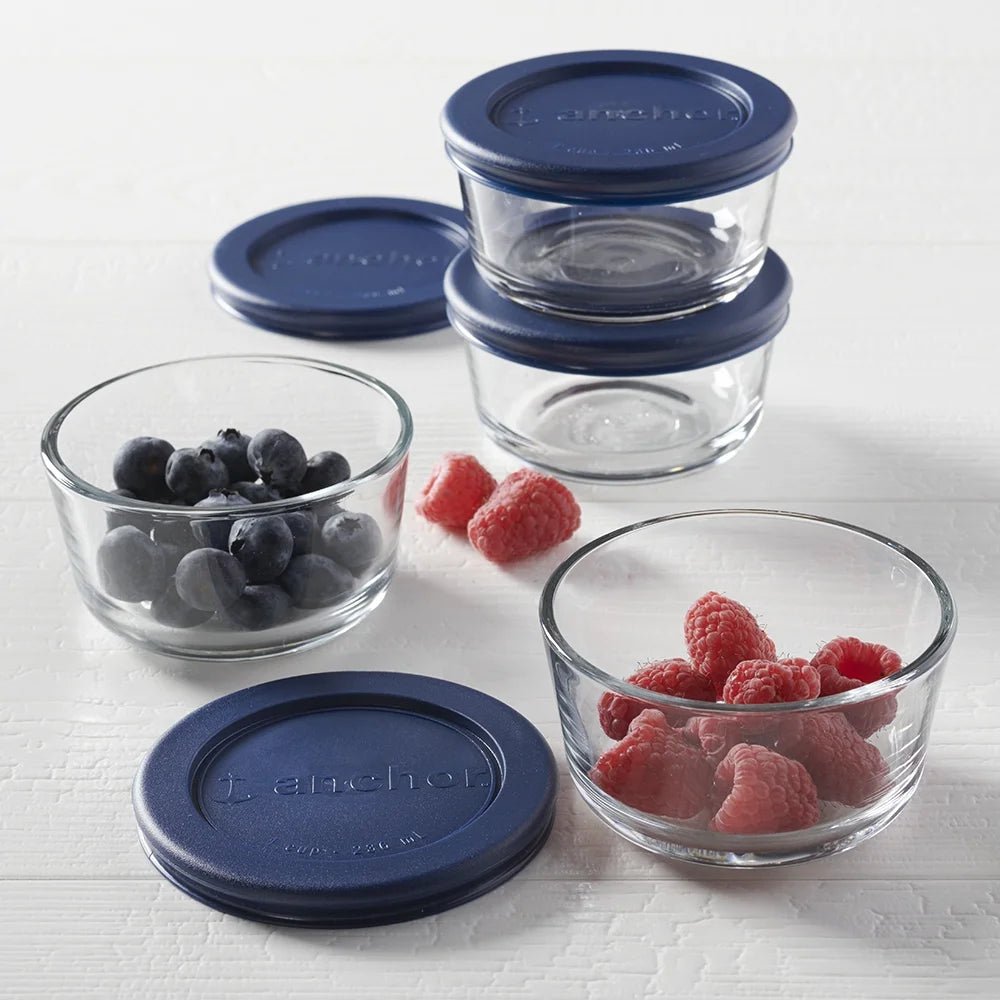 Anchor Hocking Glass Food Storage Containers with Lids, 1 Cup Round, Set of 4