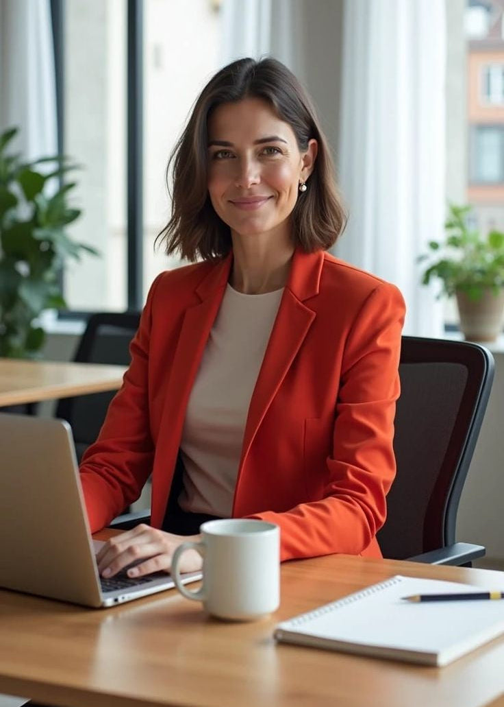 Woman in a red blazer sitting at a desk with a laptop and a mug, smiling.